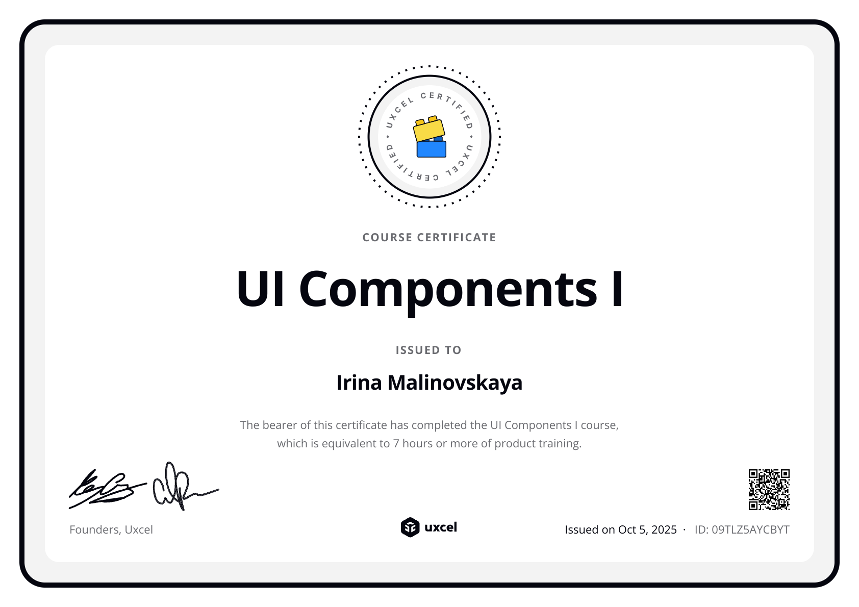 Irina Malinovskaya's certificate